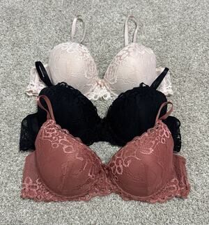 Marilyn Monroe Sexy Lace Push Up Bra Bundle Floral Plunge 3 Pack Pink Black 36C
